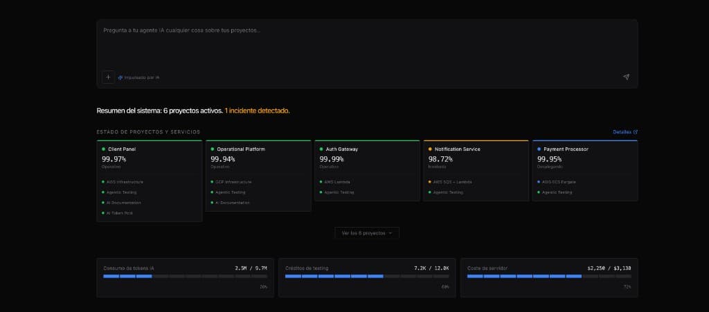 Panel de Scale OS con chat IA, estado de proyectos, consumo de recursos y notificaciones